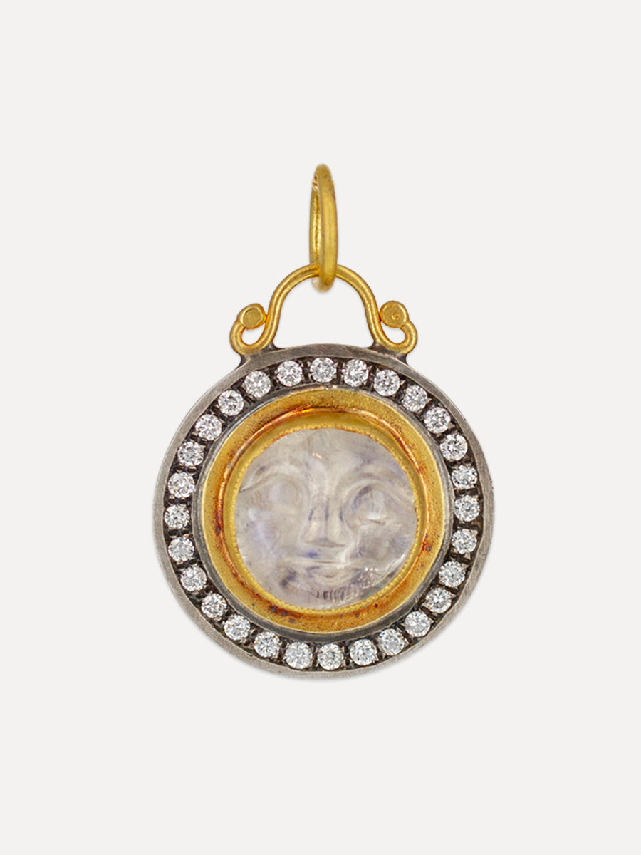 24K Gold & Silver Carved Moonstone & Diamond Moon Charm