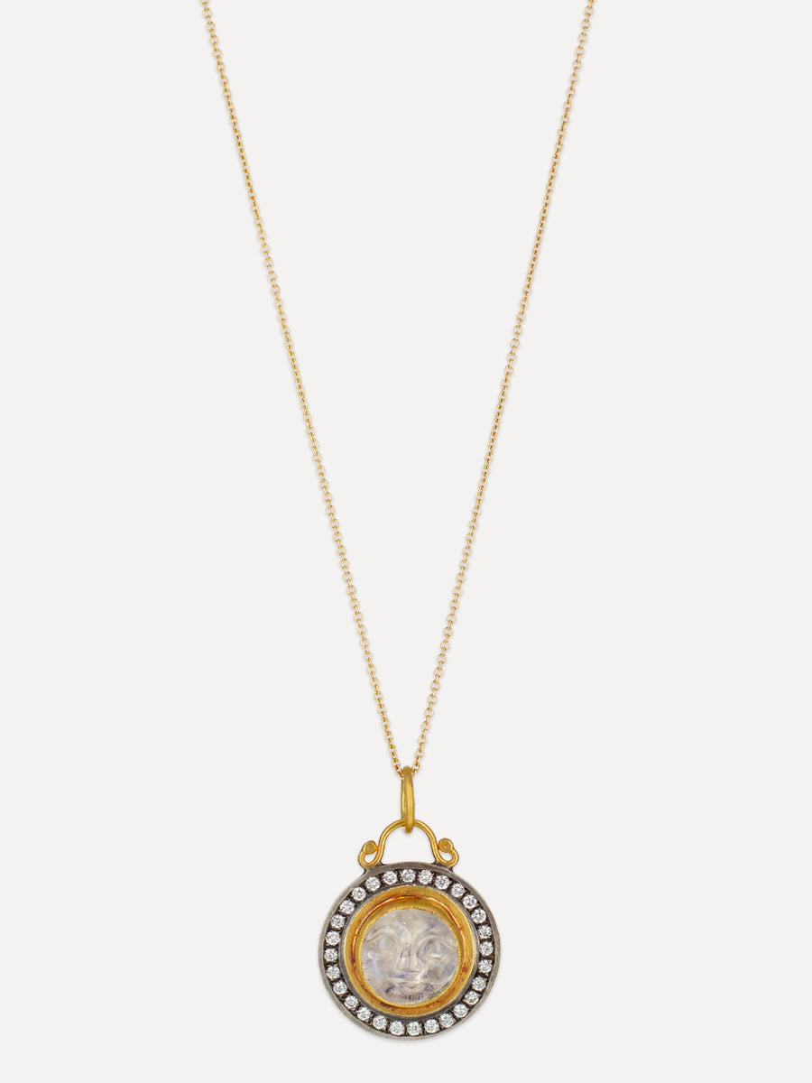 24K Gold & Silver Carved Moonstone & Diamond Moon Charm