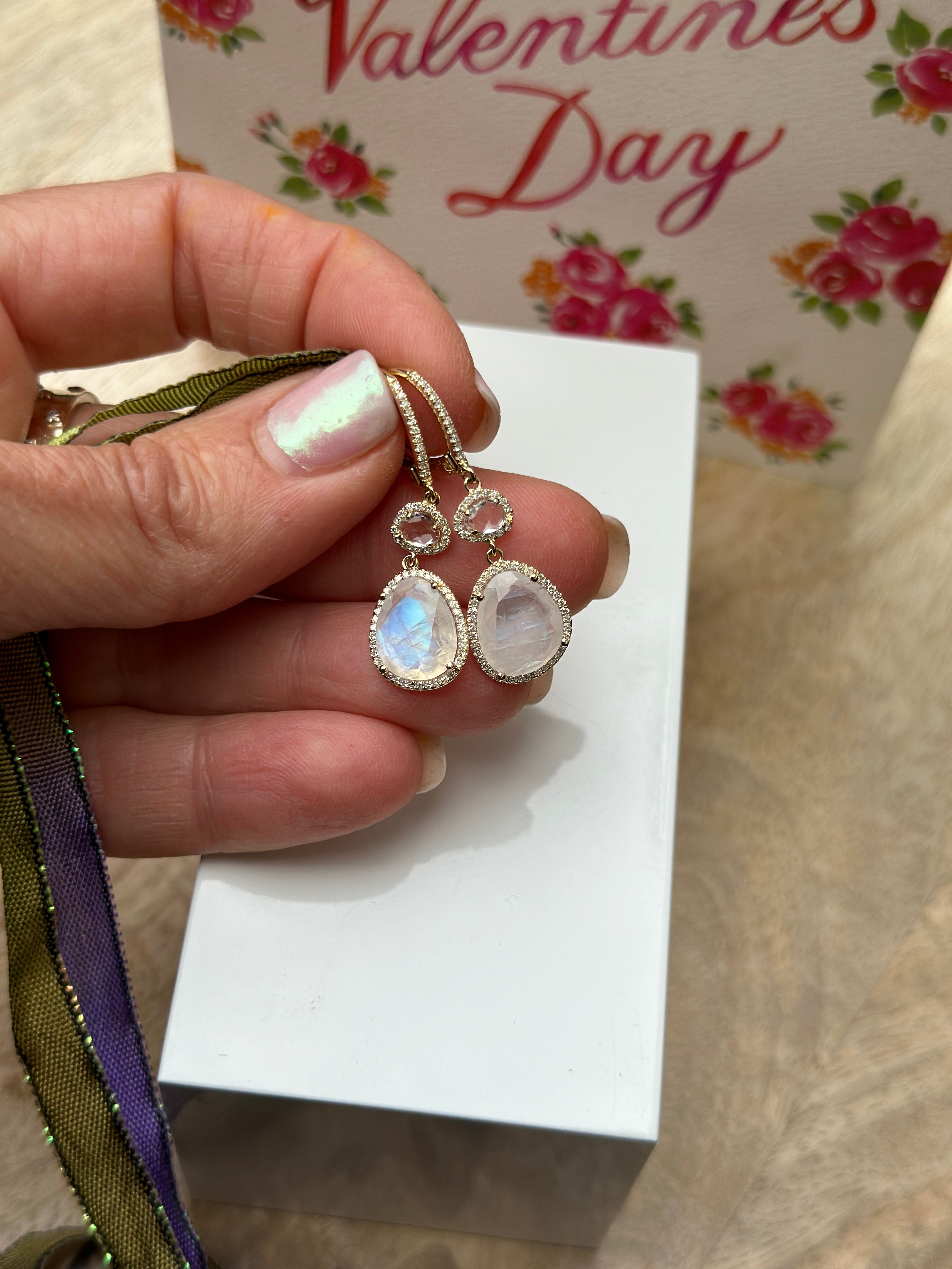 14K Moonstone Diamond Halo Lever Back Earrings