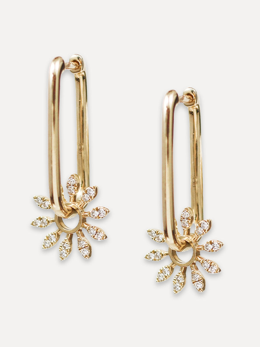 14K Diamond Flower Charms On Elongated Hoops