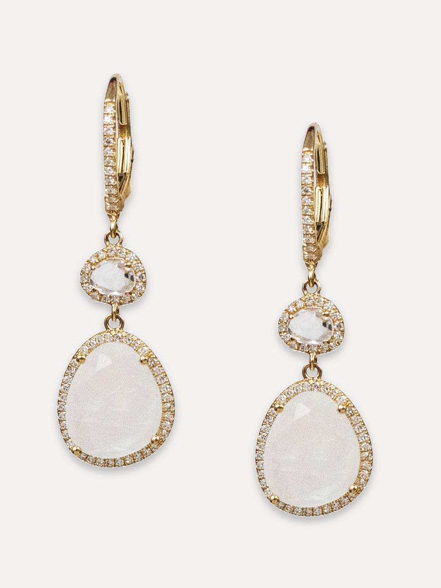 14K Moonstone Diamond Halo Lever Back Earrings