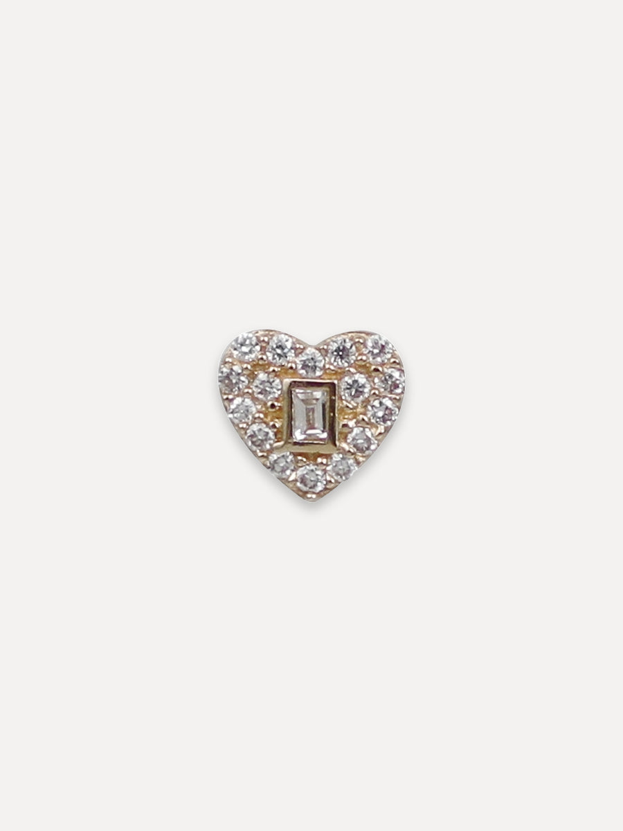 14K Pavé Diamond Heart & Tiny Baguette Stud