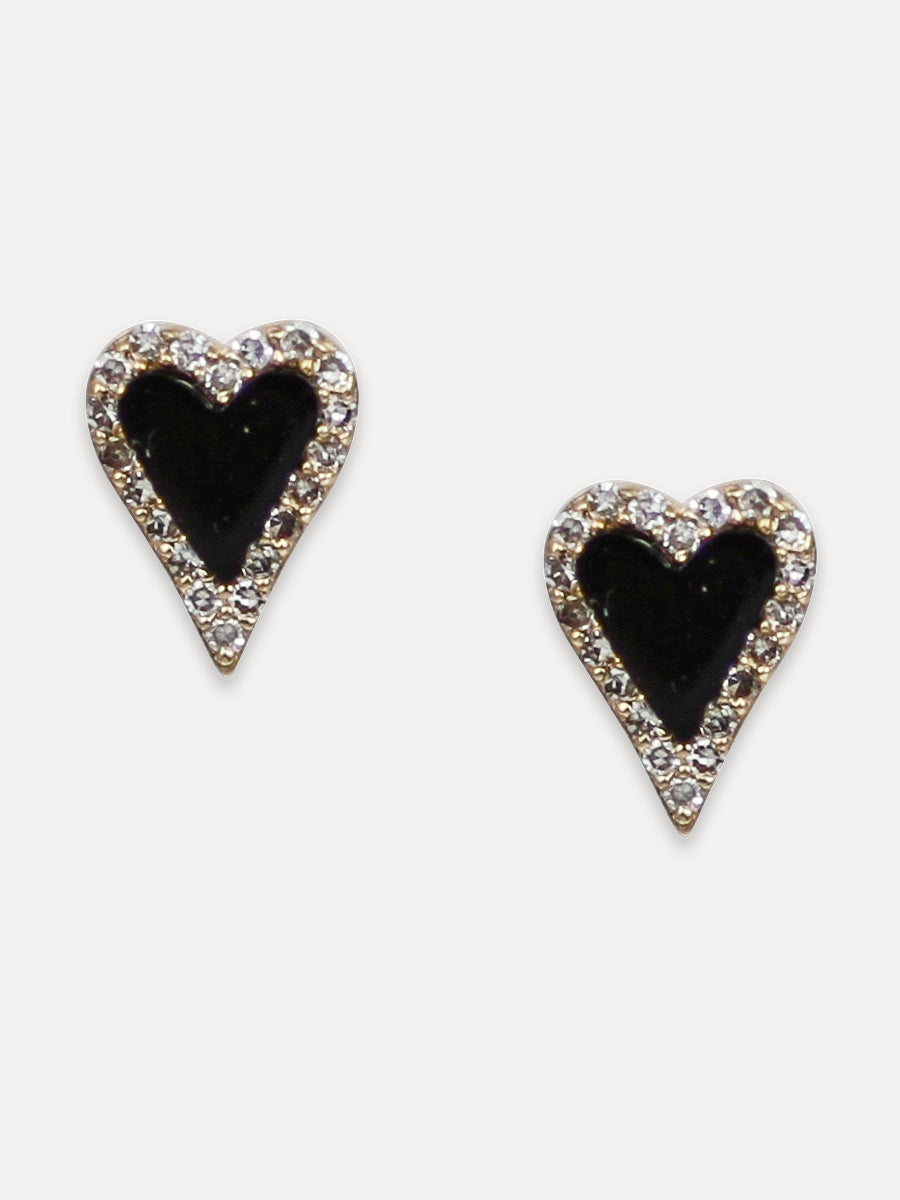 14K Diamond & Black Onyx Pointed Heart Studs