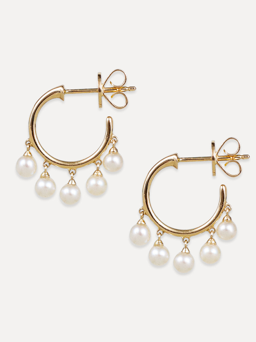 14K Five Pearl Drop Hoops