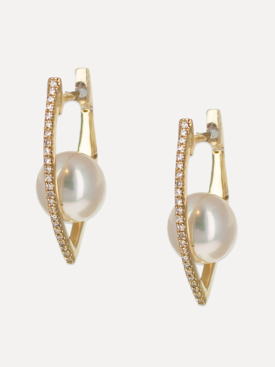 14K Pearl & Diamond Pointed Marquise Hoops