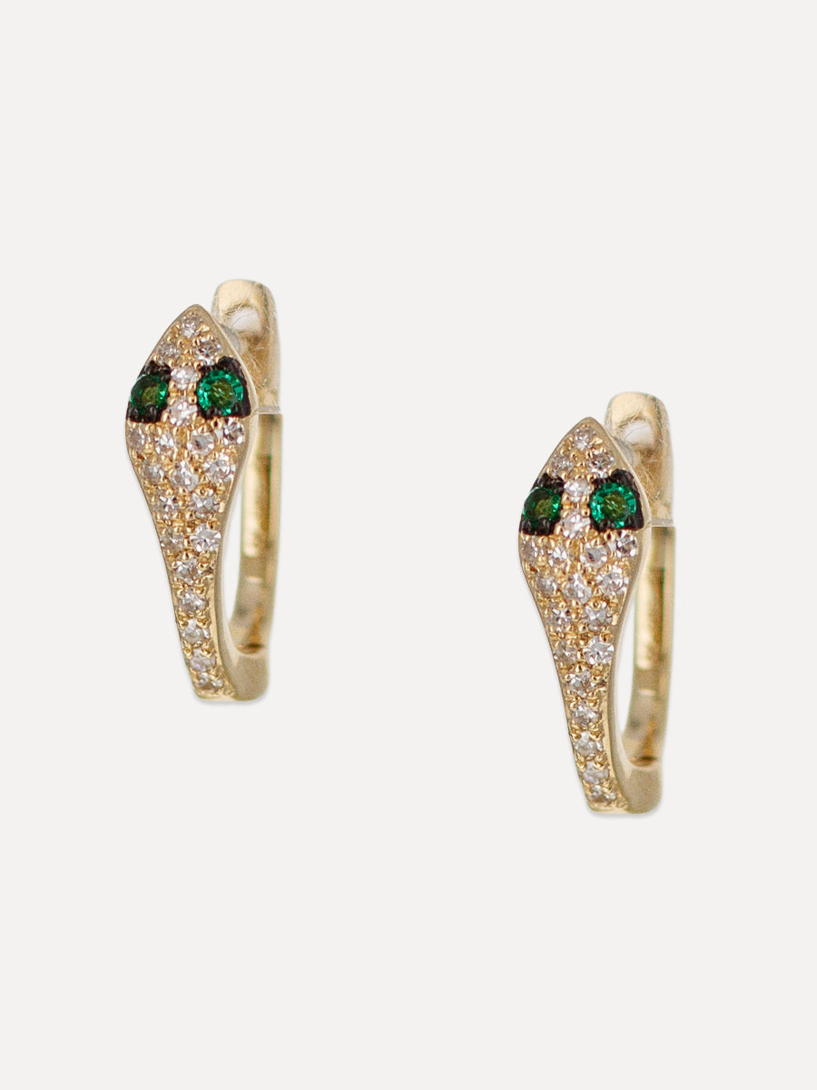 14K Diamond & Emerald Snake Huggie Hoops