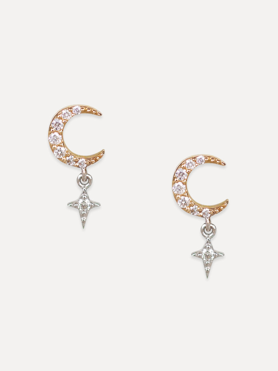 14K Diamond Crescent Moon & Star Studs