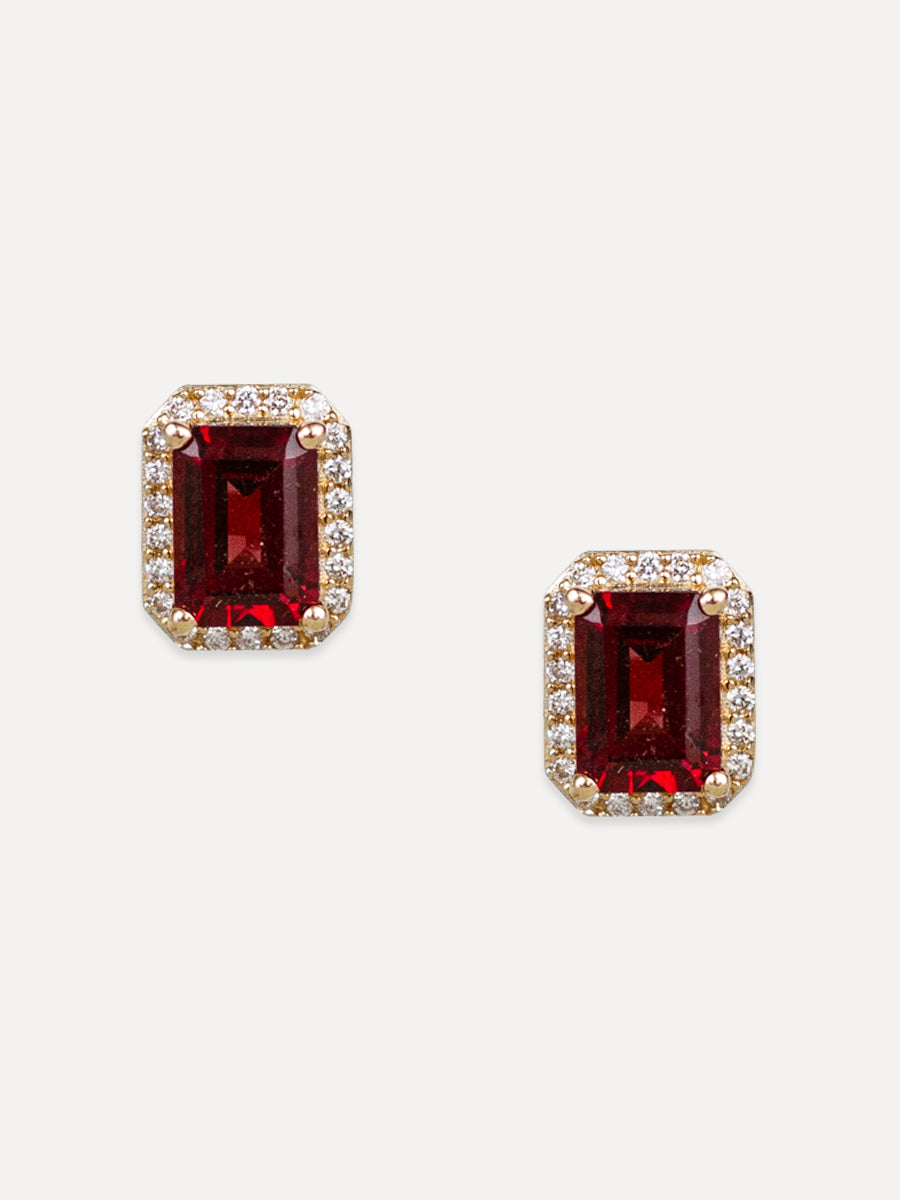 14K Emerald Cut Garnet & Diamond Halo Studs