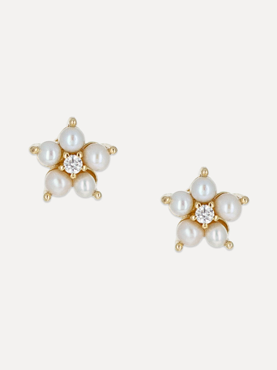 14K White Pearl & Diamond Flower Studs
