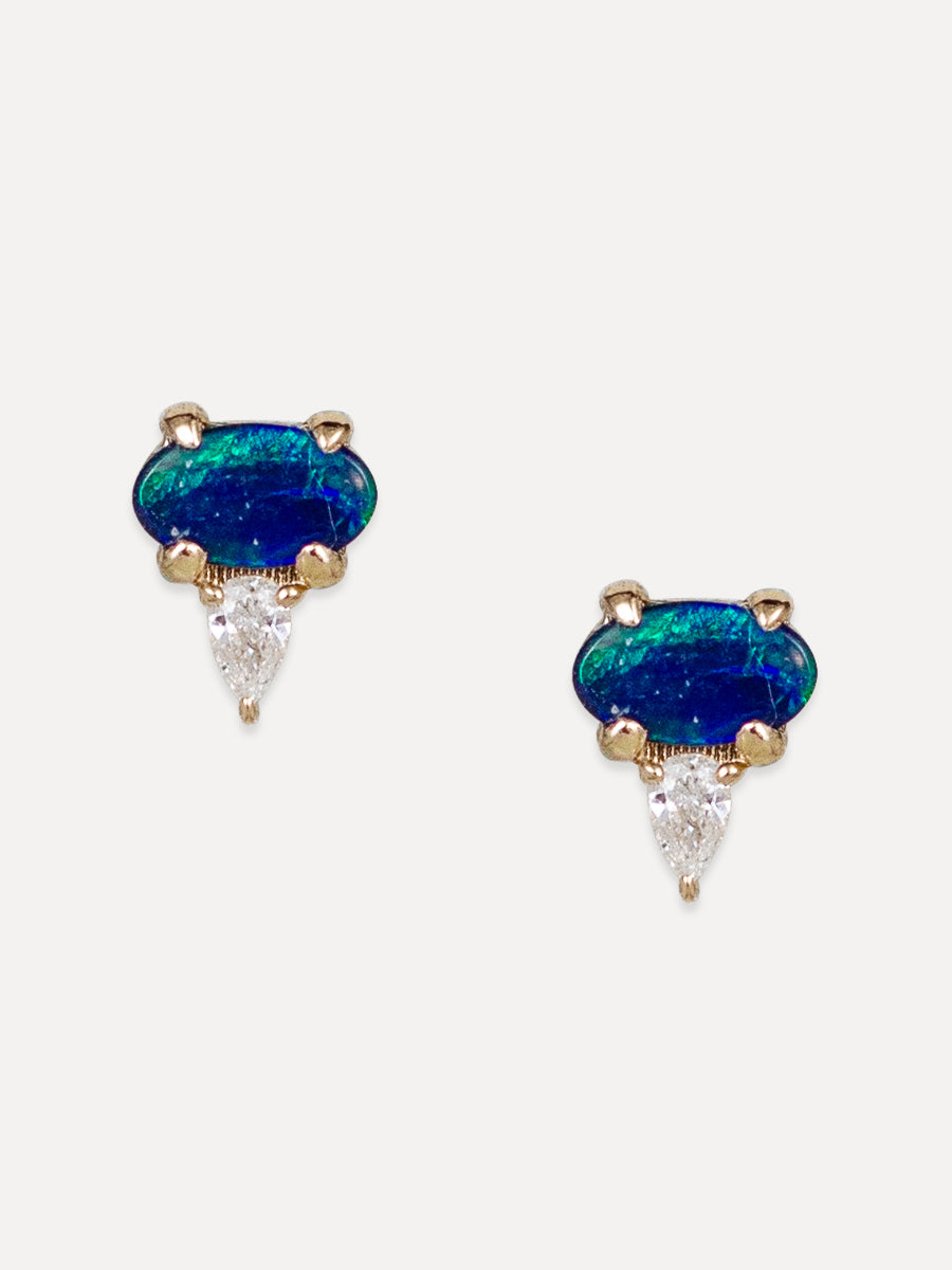 14K Oval Opal & Pear Diamond Studs