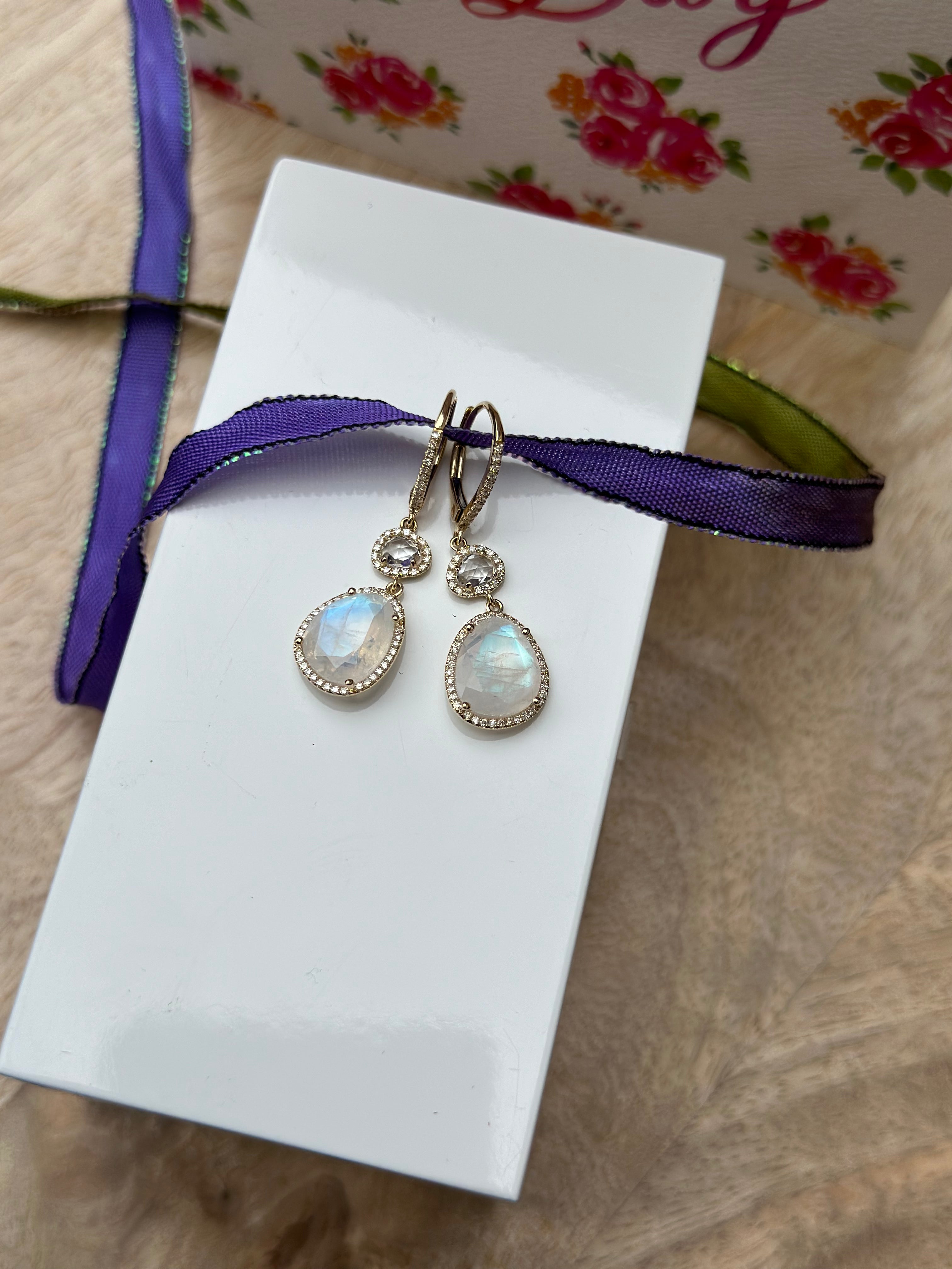 14K Moonstone Diamond Halo Lever Back Earrings