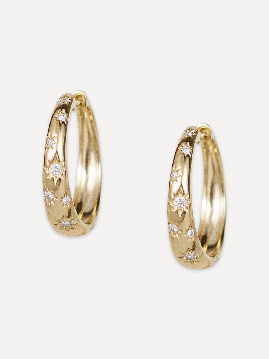 14K Diamond Star Narrow Tapered Hoops