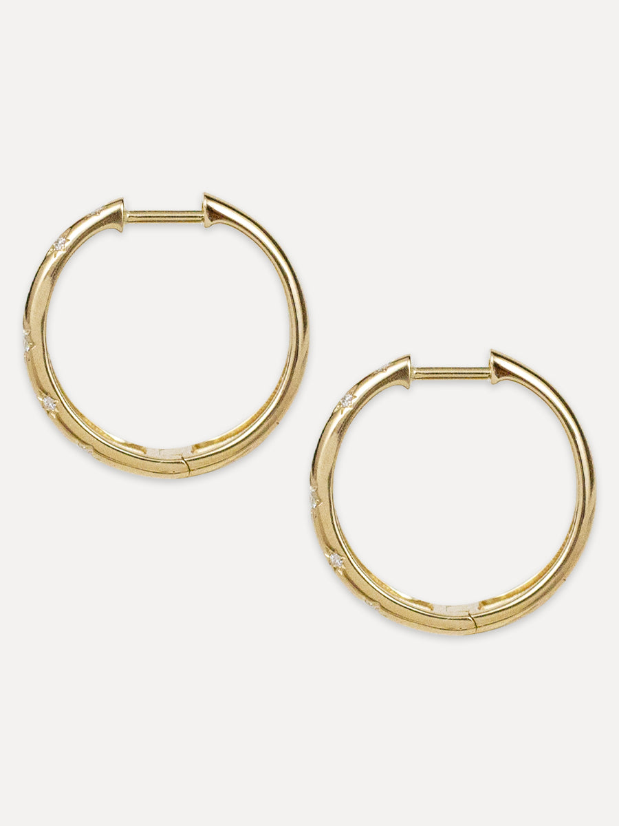 14K Diamond Star Narrow Tapered Hoops