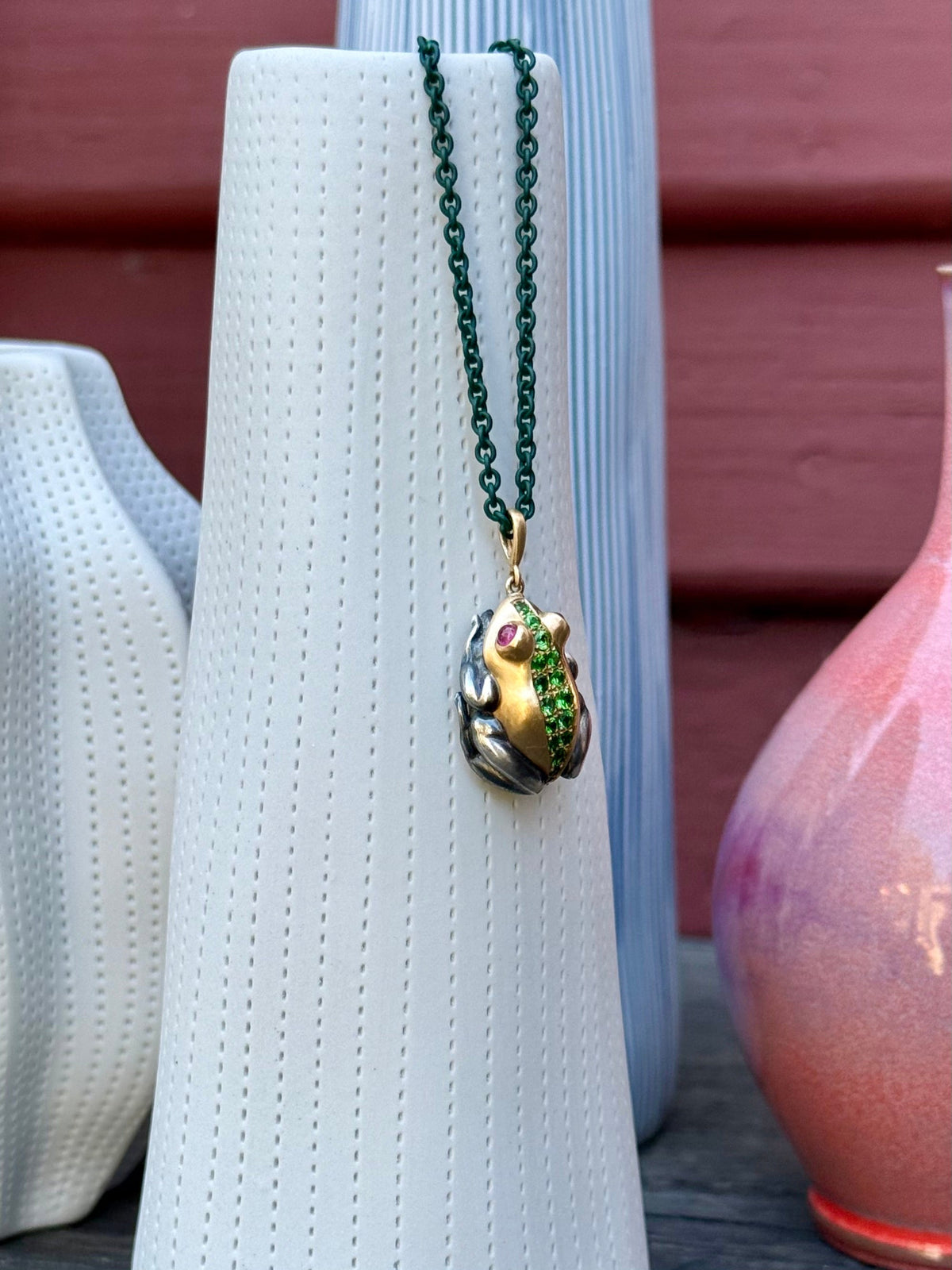 18k Gold Rana Frog Tsavorite Garnet & Ruby Pendant