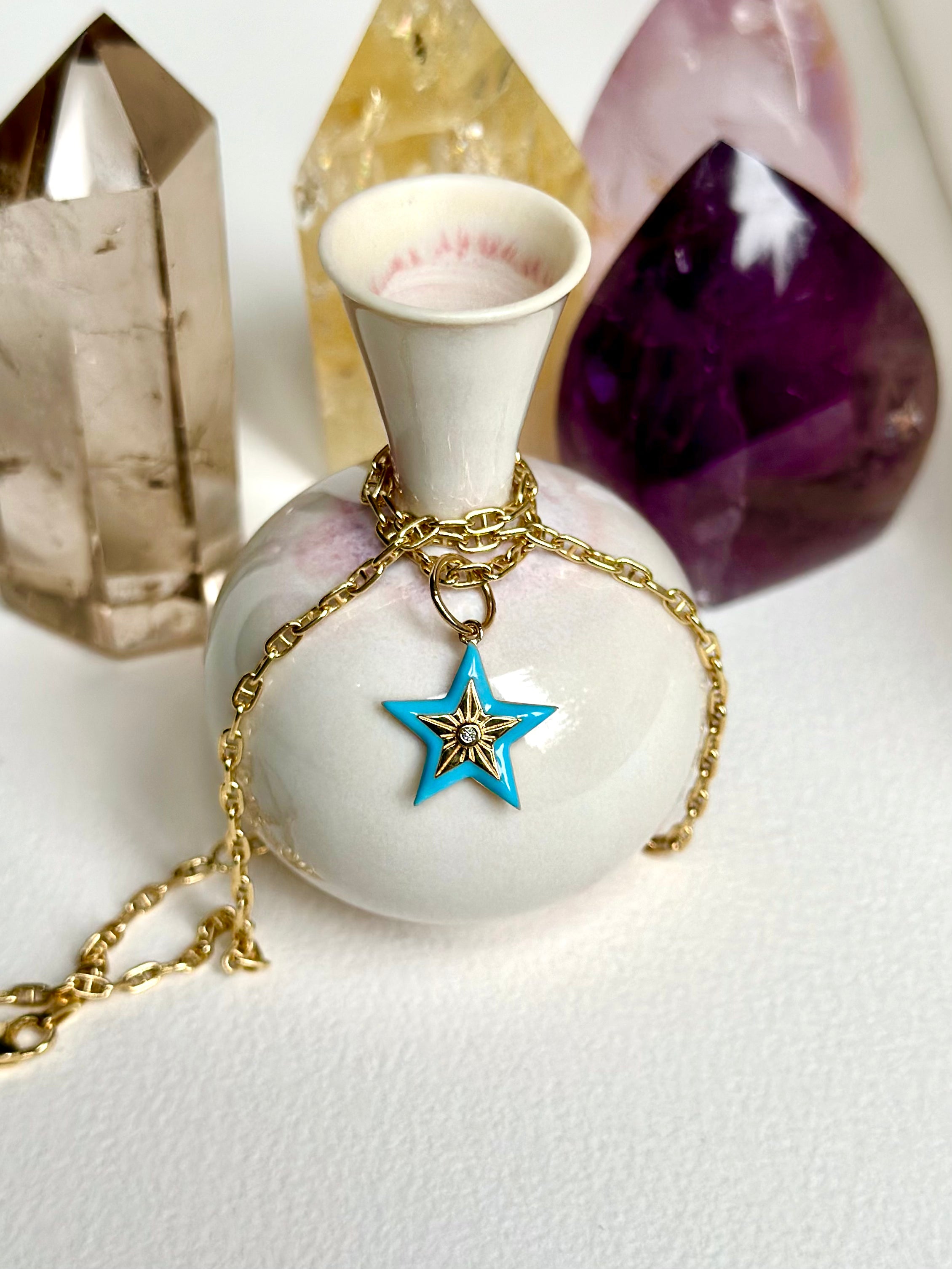14K Diamond & Blue Enamel Star Charm