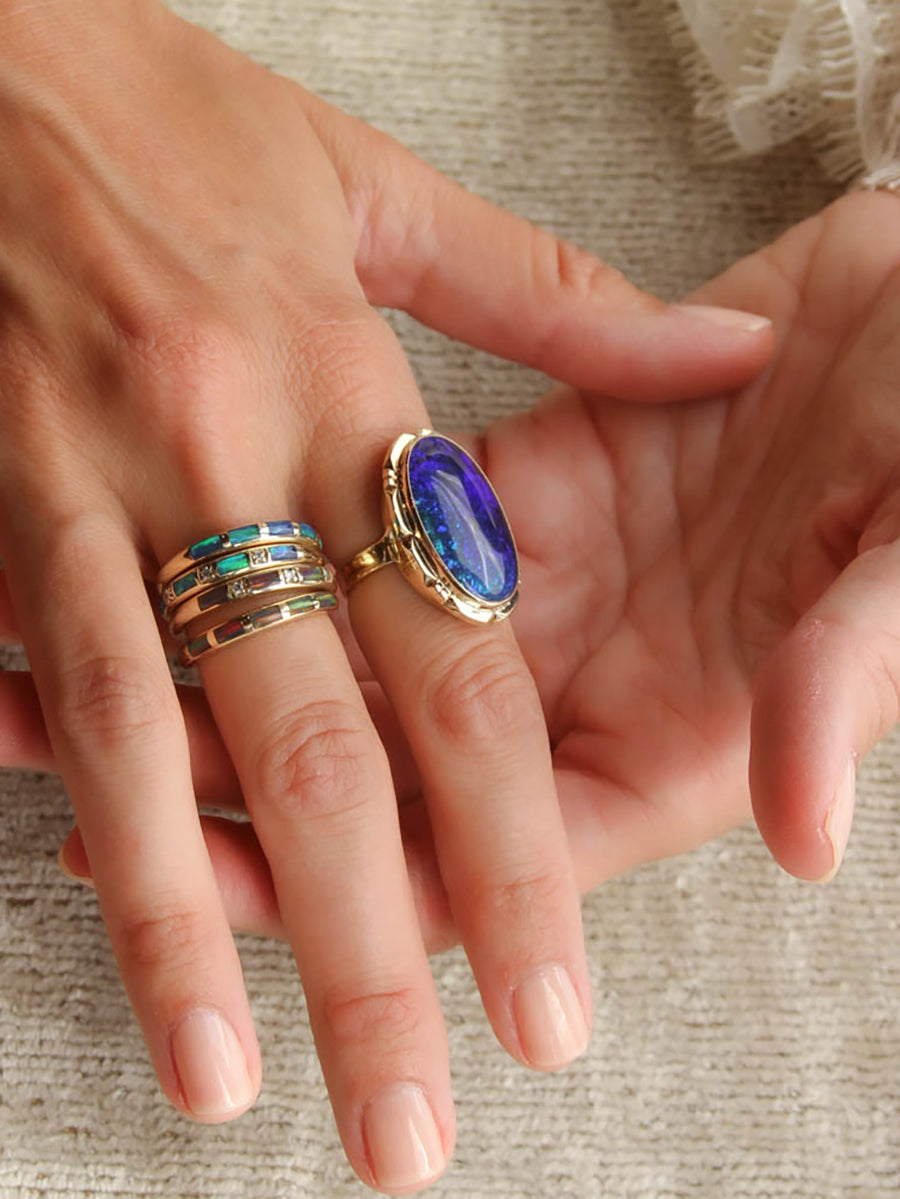14K Opal Inlay Diamond Stacking Band
