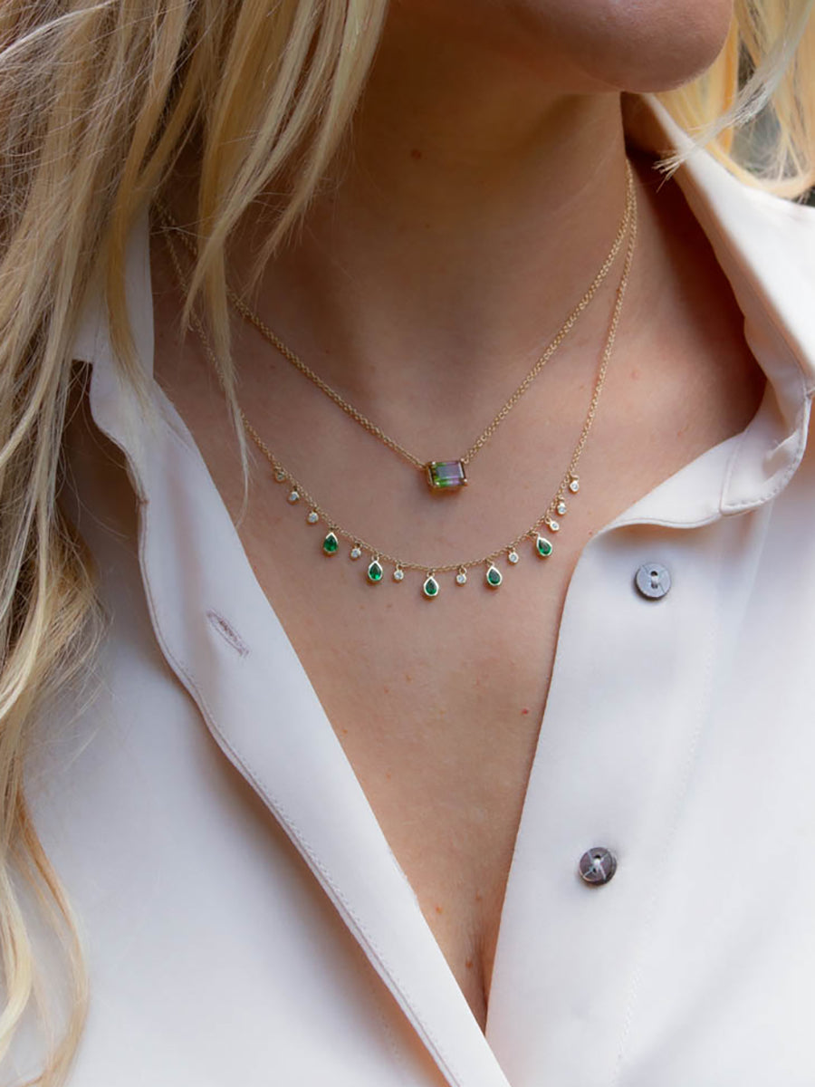 14K Teardrop & Round Charm Emerald & Diamond Necklace