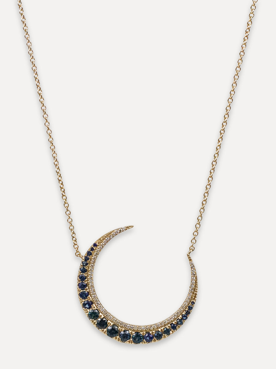 14K Crescent Moon Blue Sapphire Pavé Diamond Necklace