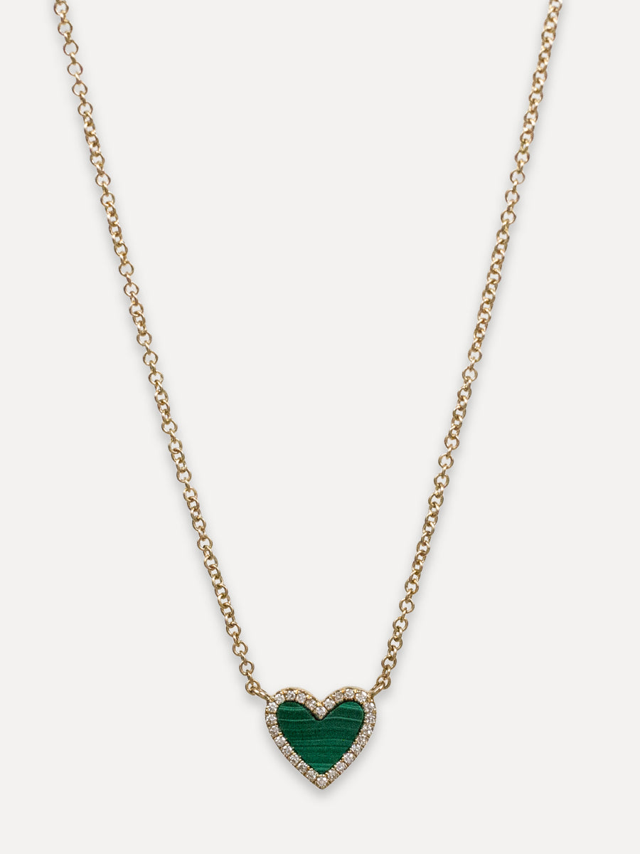 14K Diamond Halo & Malachite Heart Necklace