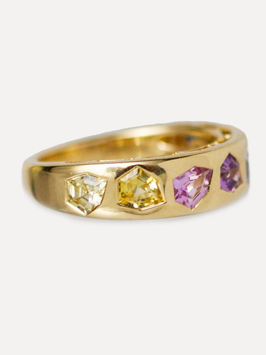 18K Floating Shield Rainbow Sapphire Wide Stacking Ring