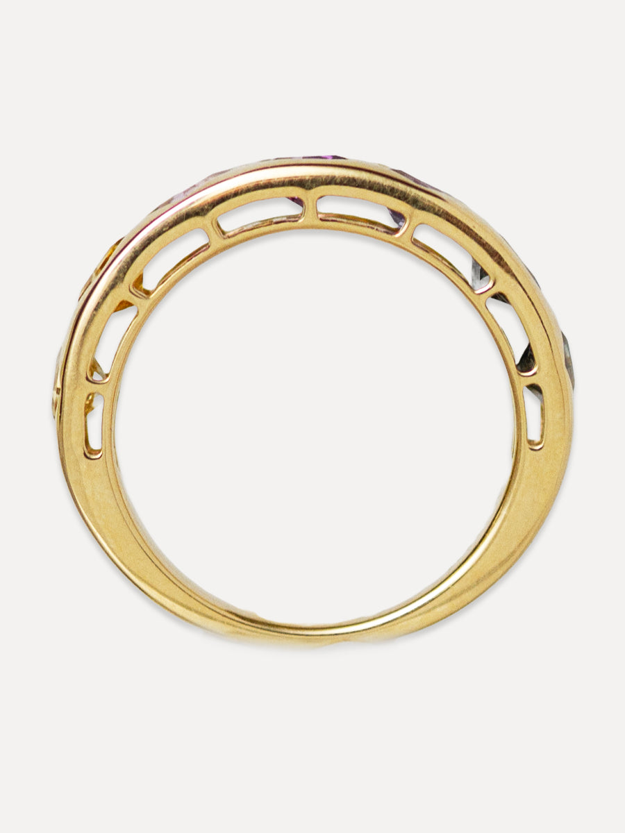 18K Floating Shield Rainbow Sapphire Wide Stacking Ring
