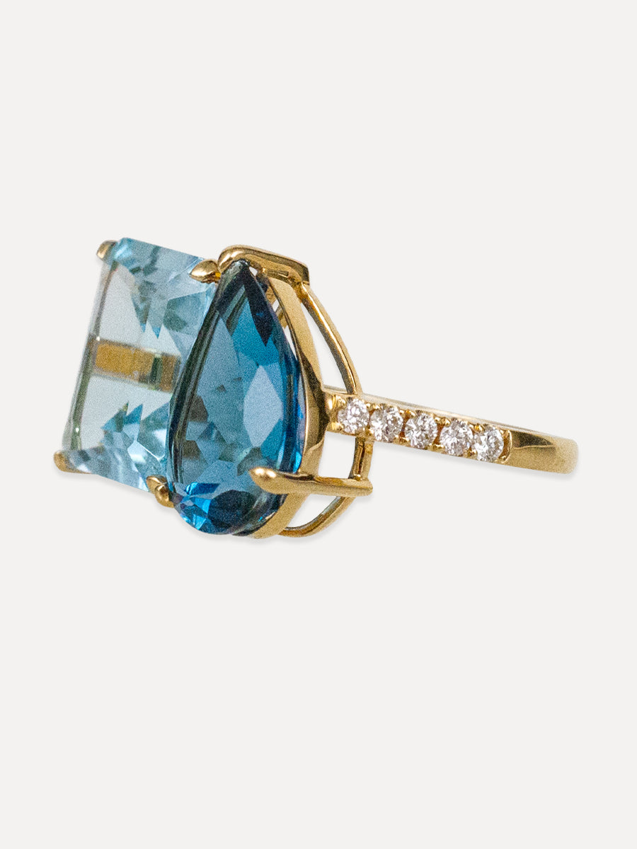 18K Light/Dark Blue Topaz & Diamond Cocktail Ring