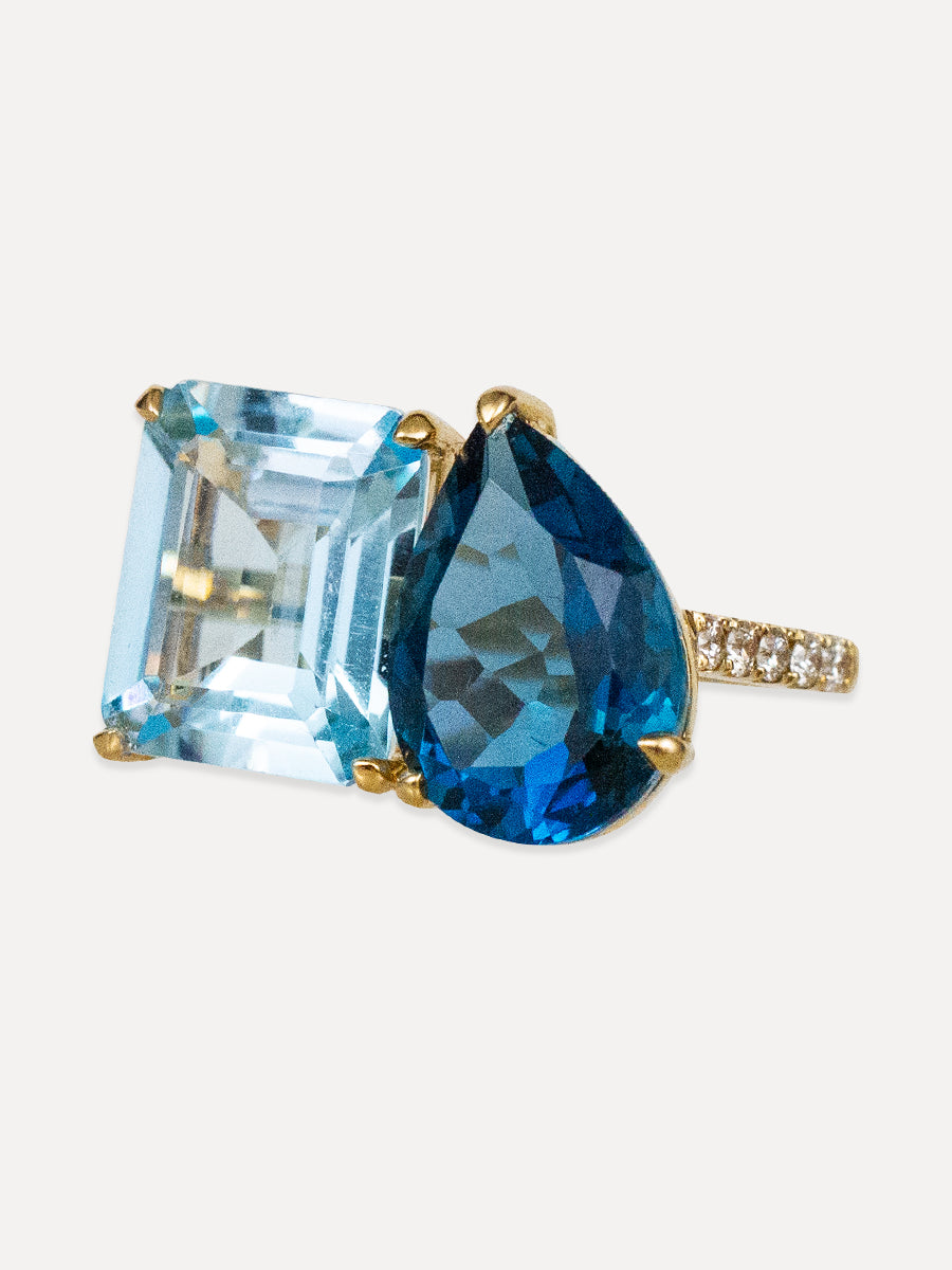 18K Light/Dark Blue Topaz & Diamond Cocktail Ring