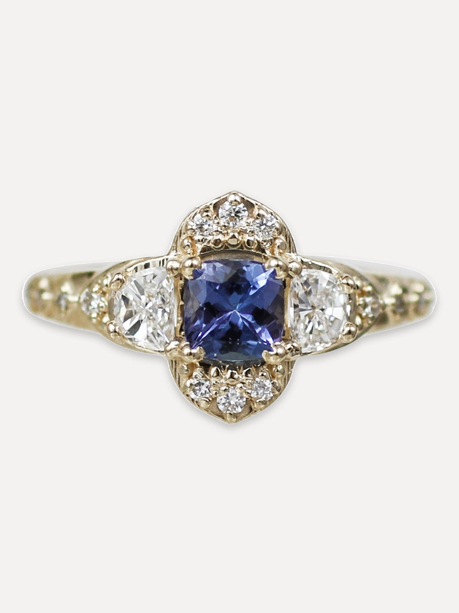 14K Baroque Blue Sapphire Diamond Ring