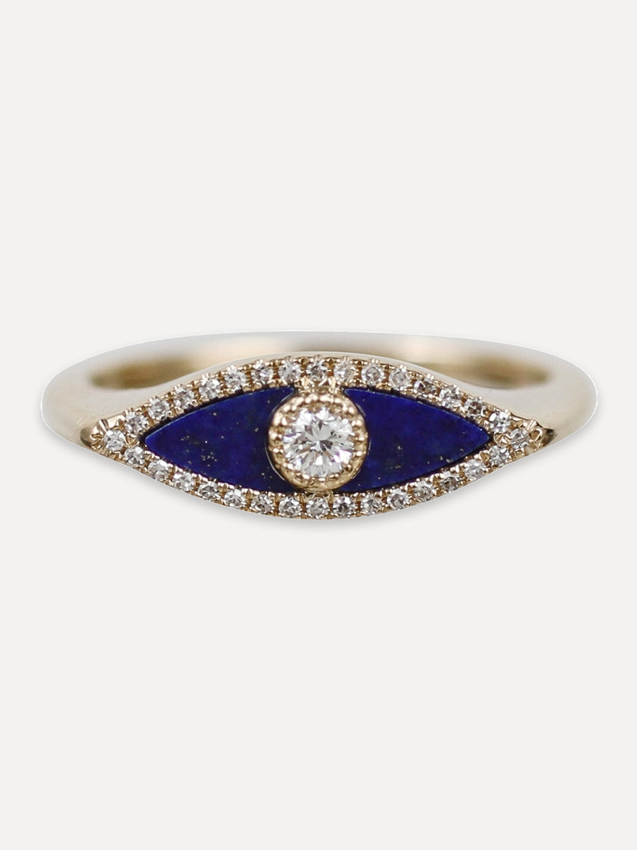14K Eye Signet Ring - Lapis & Diamond
