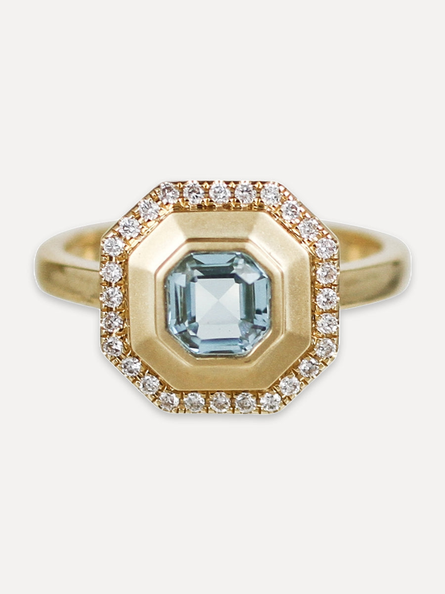 18K Satin Hexagon Ring - Blue Topaz & Diamond