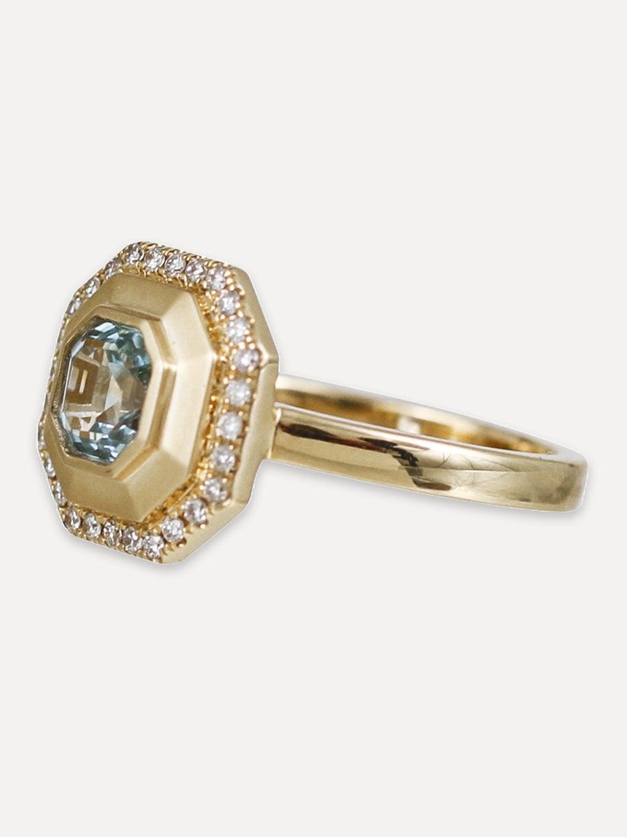18K Blue Topaz & Diamond Hexagon Ring