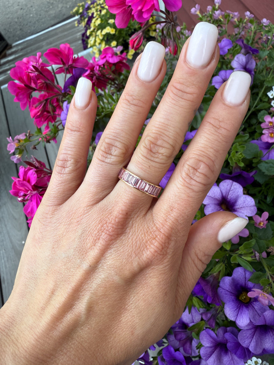 18K Deco Baguette Channel-Set Pink Sapphire Stacking Ring