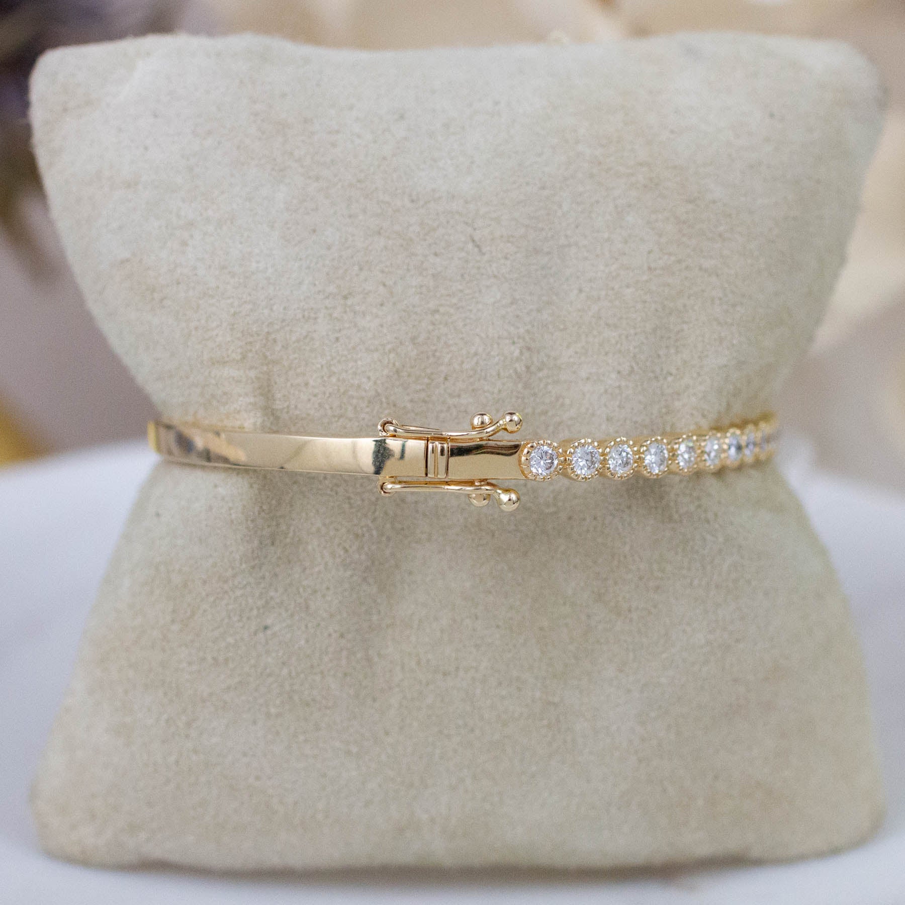 14K Diamond Beaded Bezel Bangle Cuff
