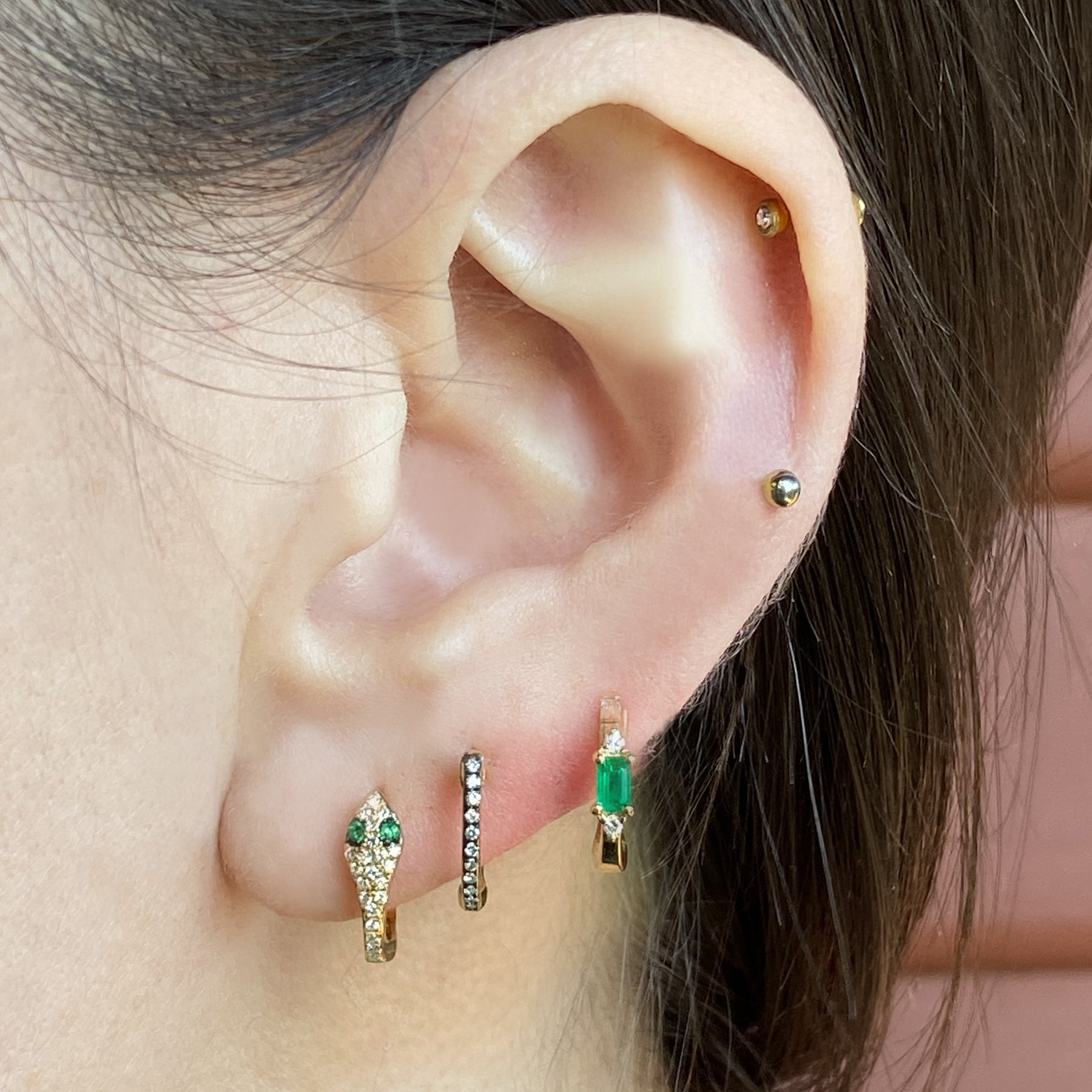 14K Diamond & Emerald Snake Huggie Hoops