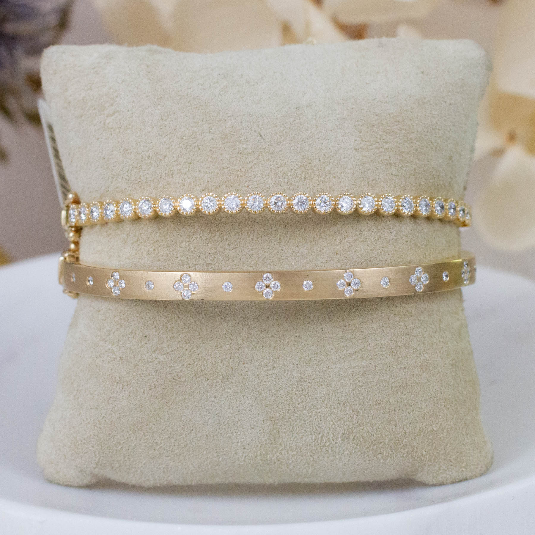 14K Diamond Beaded Bezel Bangle Cuff