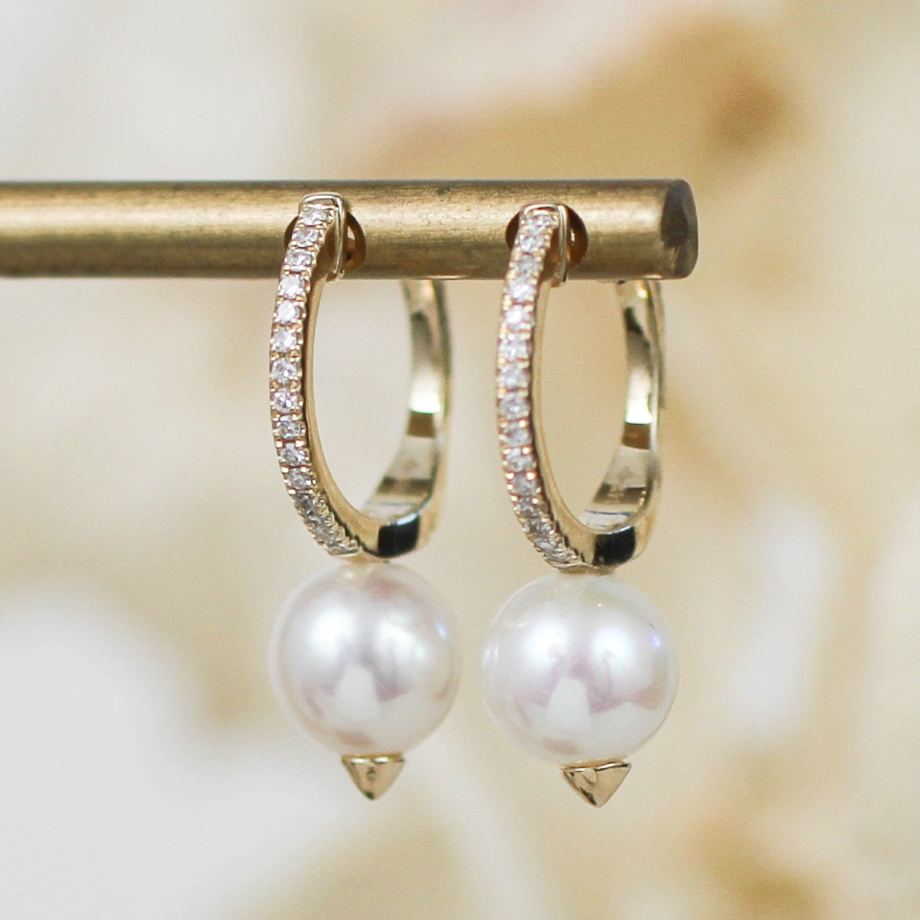 14K Diamond & White Pearl Drop Huggies