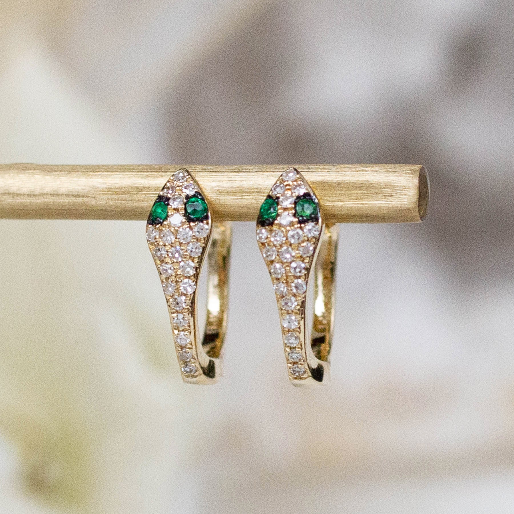 14K Diamond & Emerald Snake Huggie Hoops