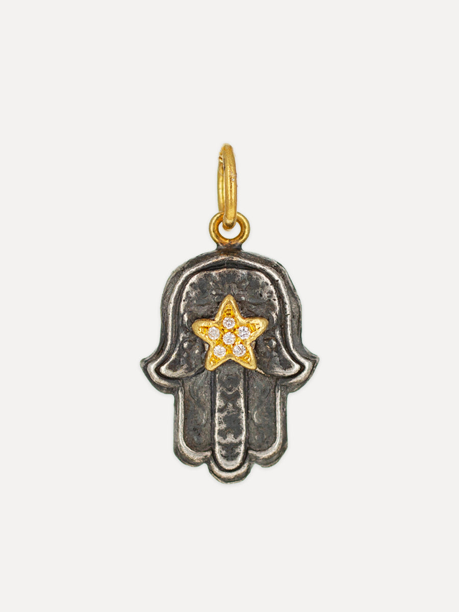 24K Gold & Silver Diamond Star & Hamsa Pendant