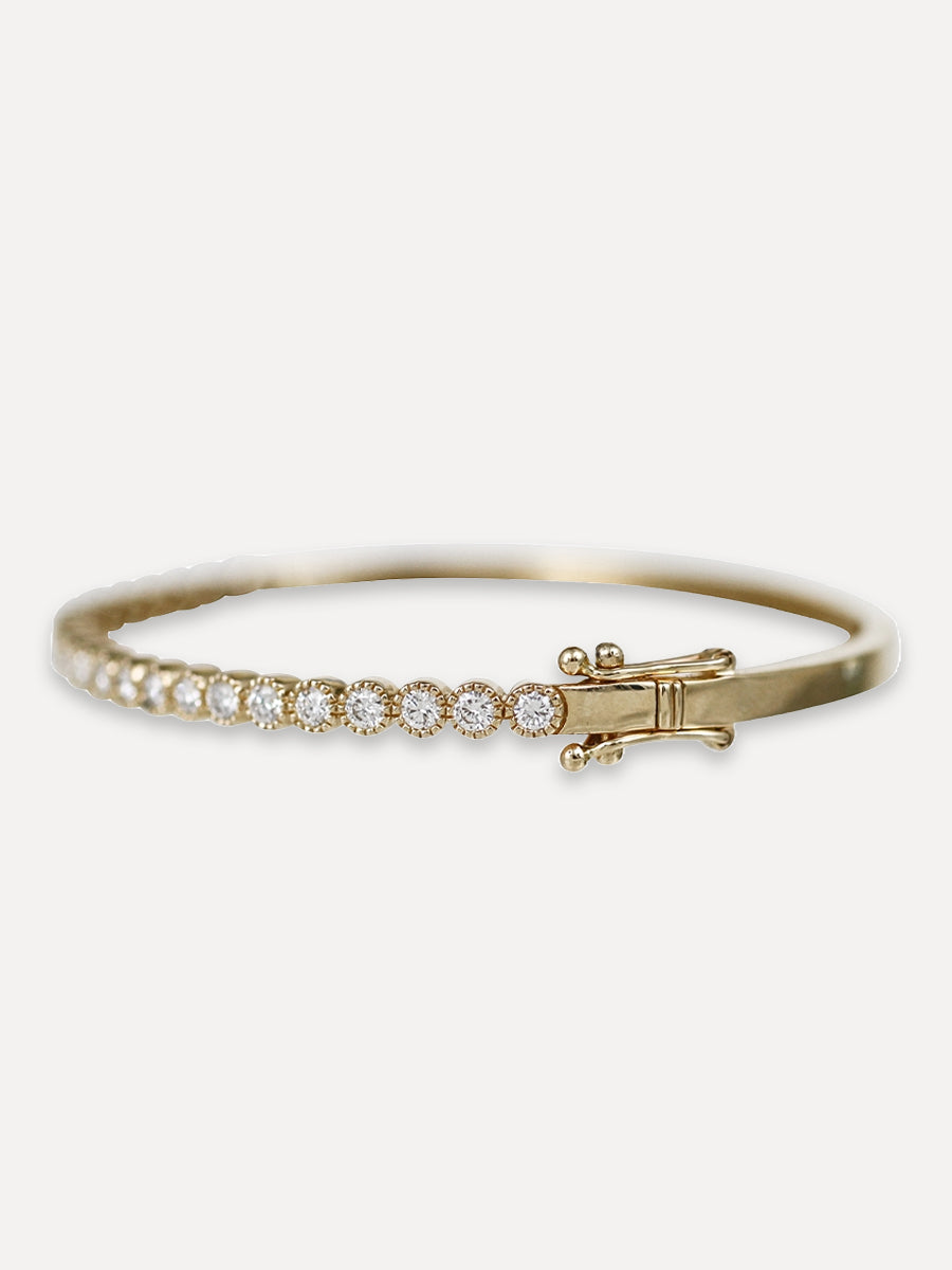 14K Diamond Beaded Bezel Bangle Cuff