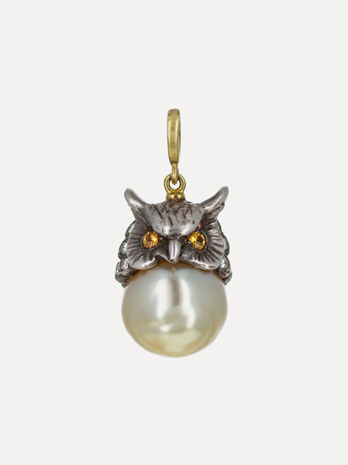 Sterling Silver Civetta Owl Tahitian Pearl & Diamond Pendant