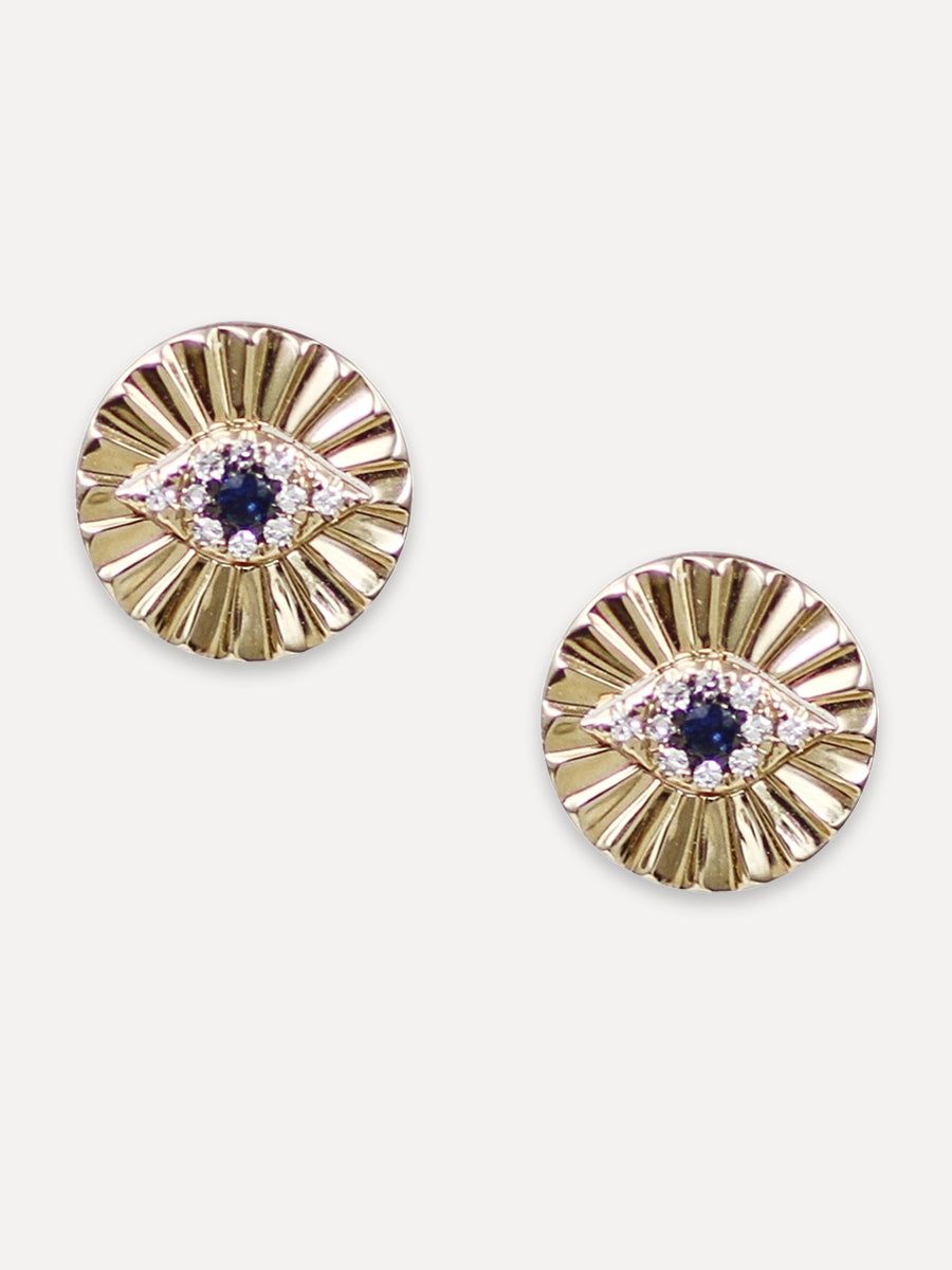14K Blue Sapphire & Diamond Eye Fluted Studs