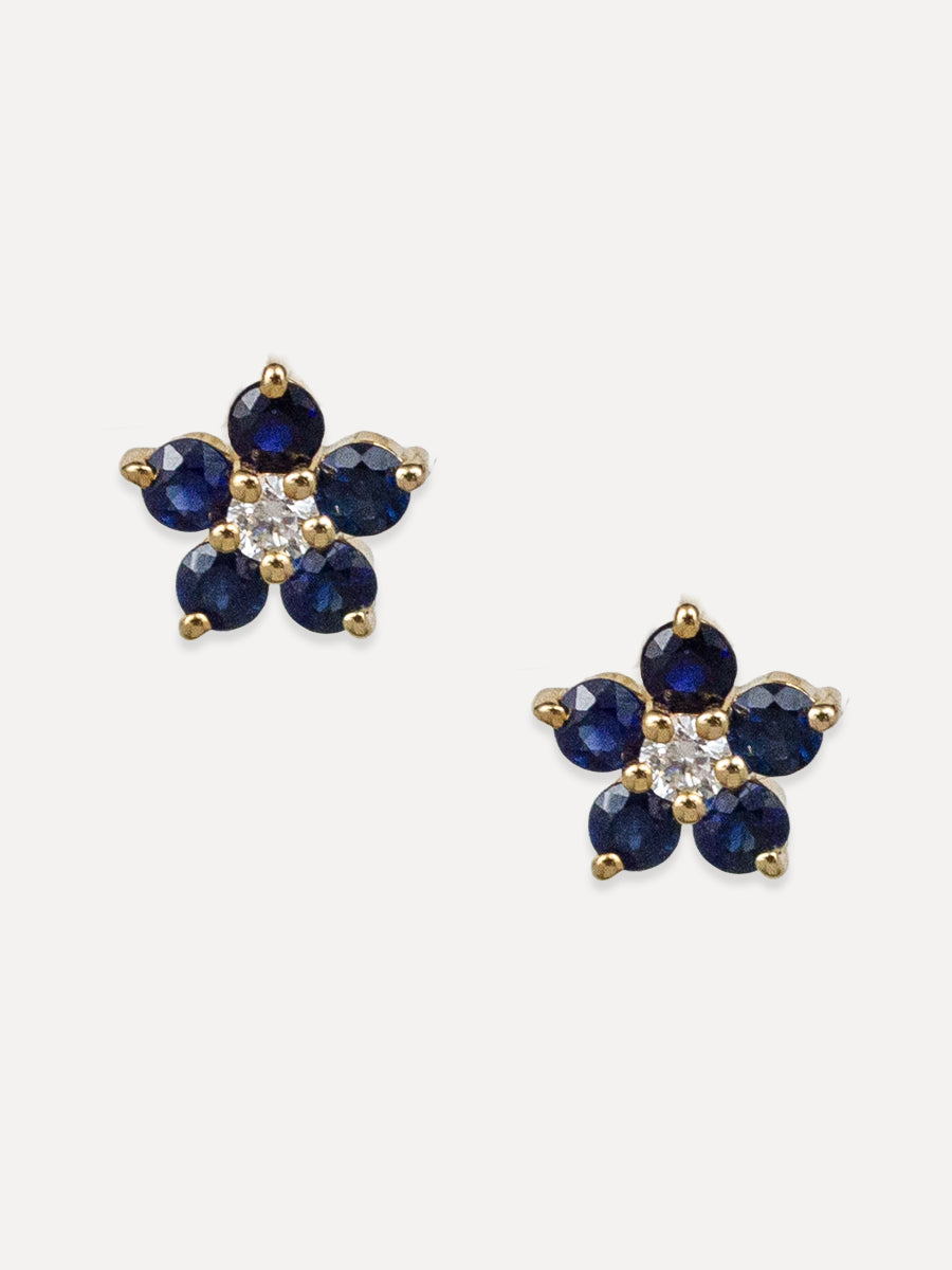 14K Blue Sapphrie & Diamond Flower Studs