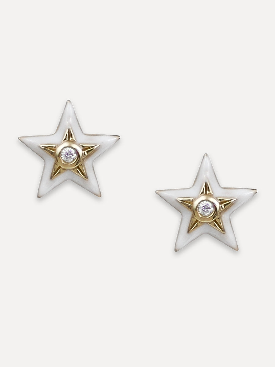 14K Diamond & White Enamel Star Studs