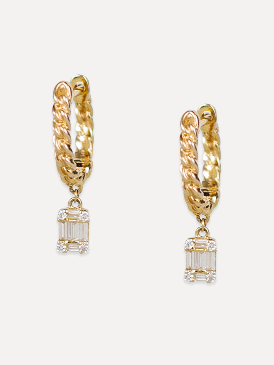 14K Baguette Diamond Drop Textured Hoops