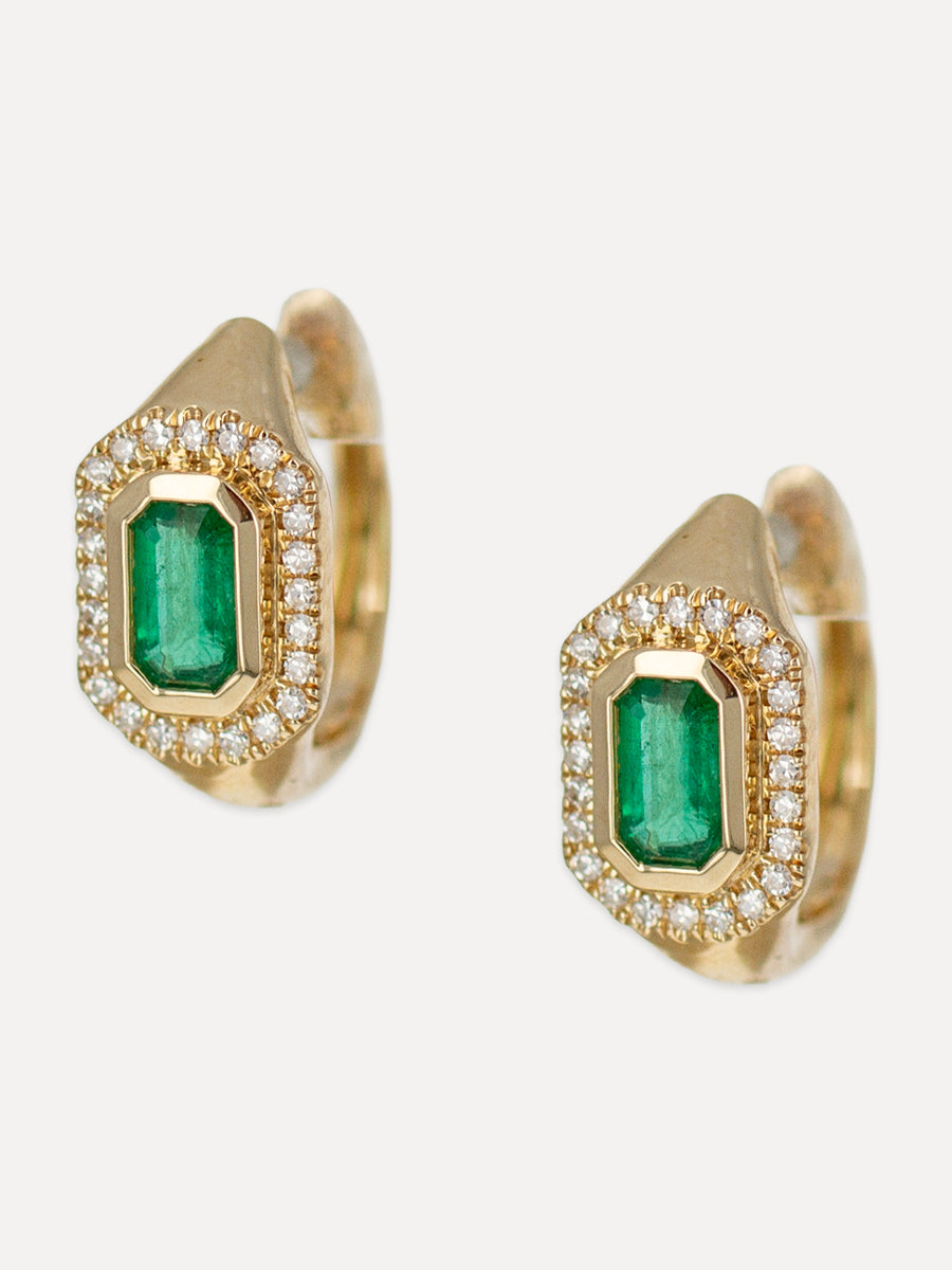 14K Diamond & Emerald Deco Huggie Hoops
