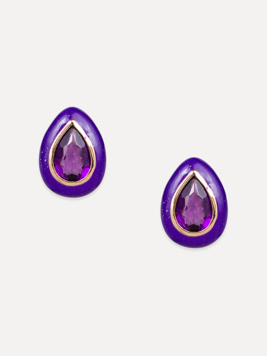 14K Amethyst & Enamel Pear Studs