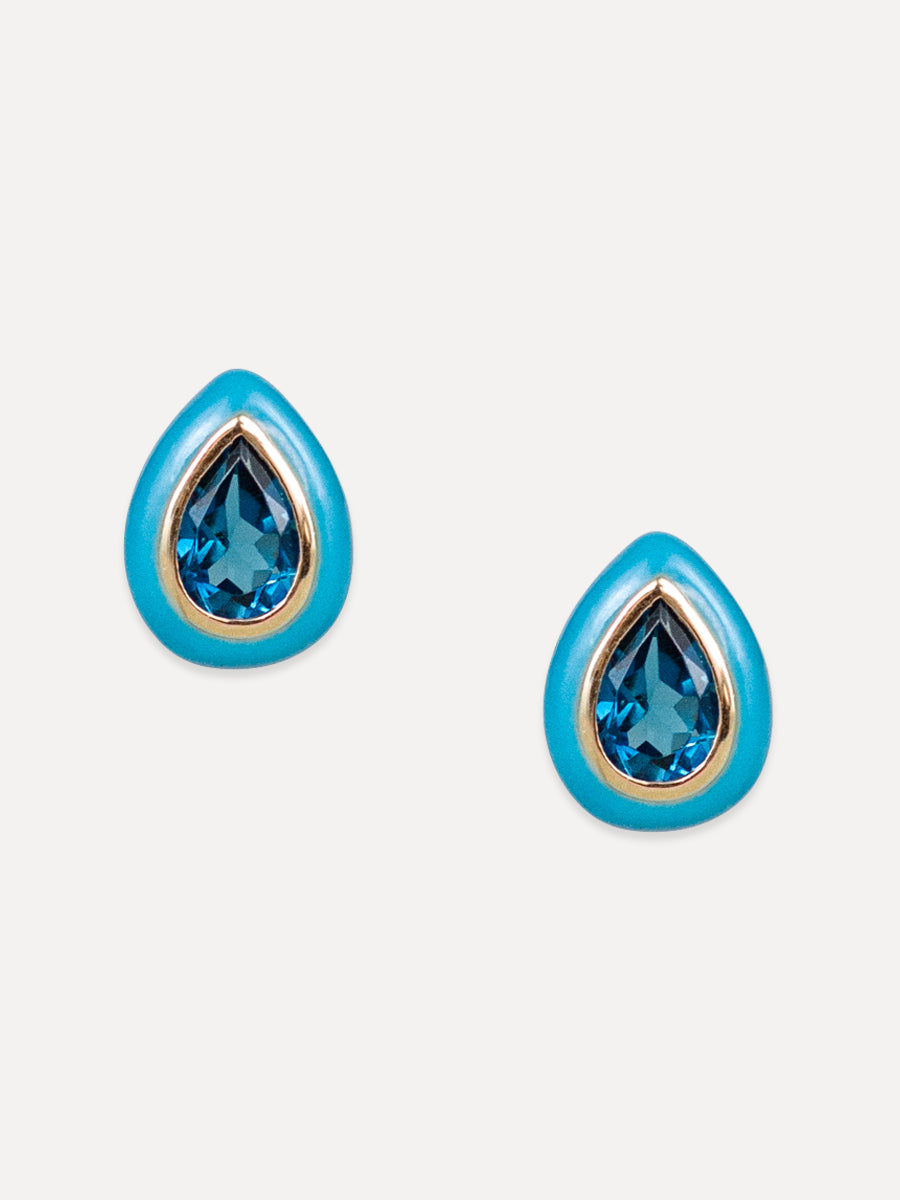 14K Blue Topaz & Enamel Pear Studs