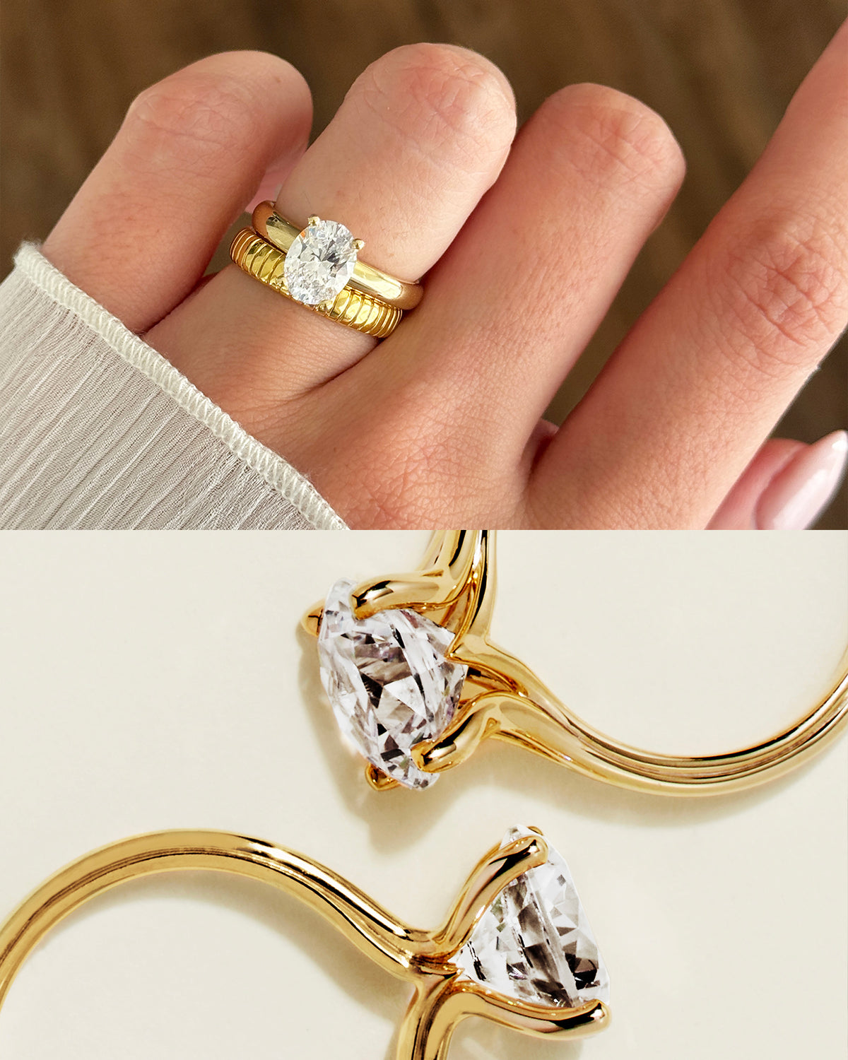 Close-up of hand wearing gold ring with oval diamond and stacked band