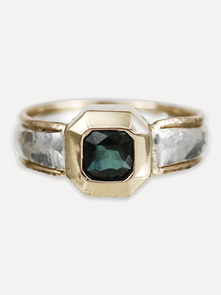 14K Forged Cushion Ring - Green Sapphire & Diamond