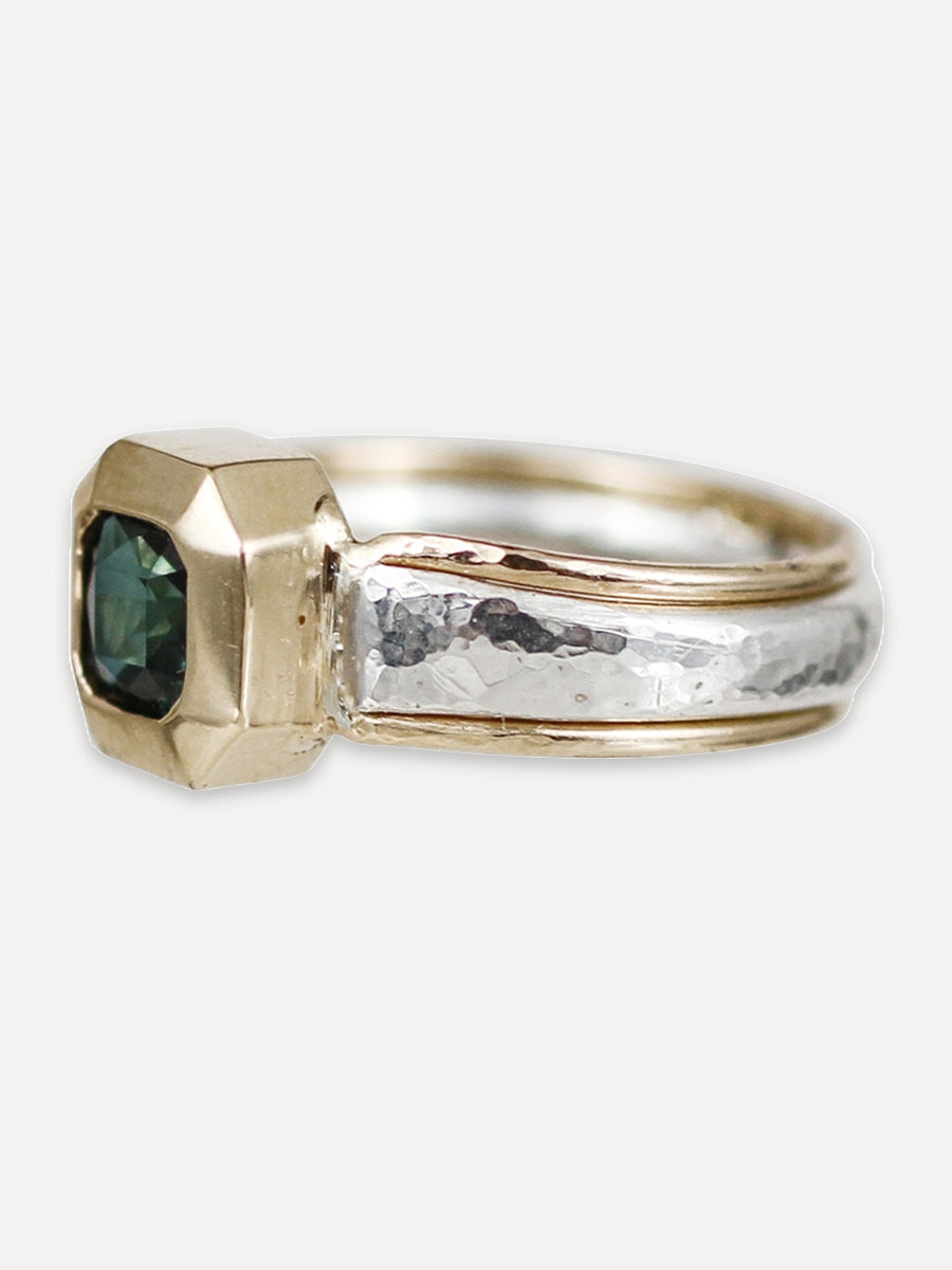 14K Forged Cushion Ring - Green Sapphire & Diamond